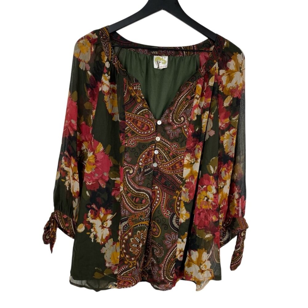Fig And Flower Anthropologie Boho Blouse 1X Green Floral Popover 3/4 Tie Sleeve
